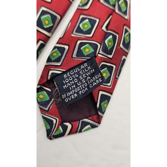 Vintage Lands End Men's Tie Red Green Geometric Print 3.5 X 60 - Picture 4 of 7